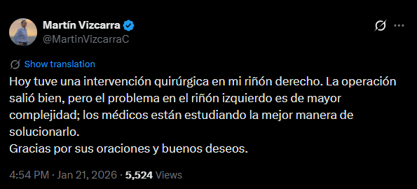 Martín Vizcarra fue operado en su riñon