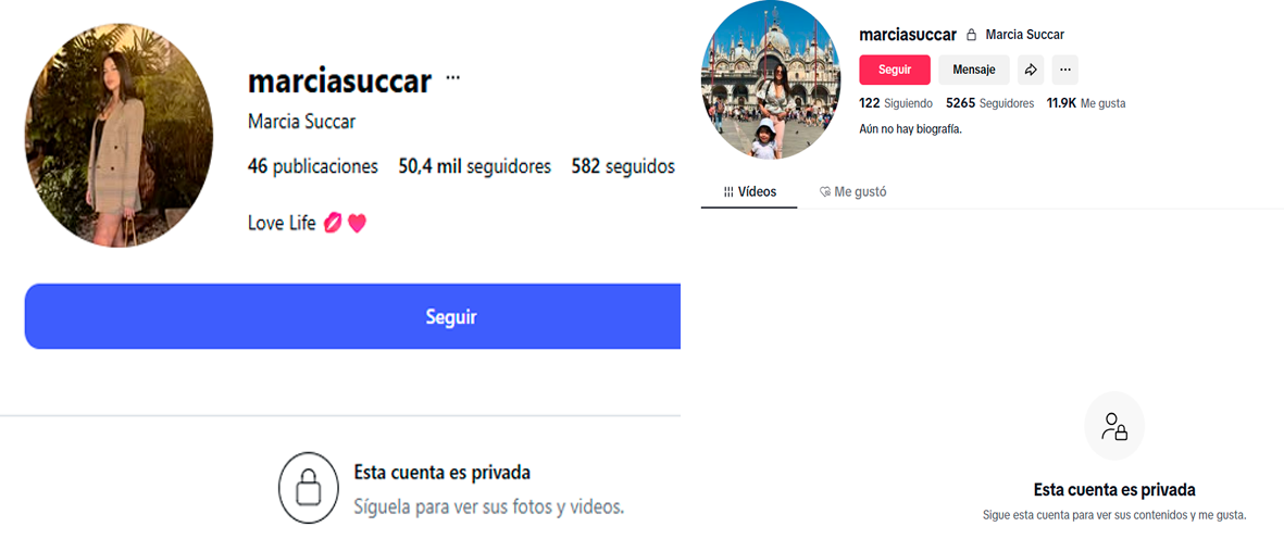 Marcia Succar puso en privado sus cuentas de Instagram y TikTok.