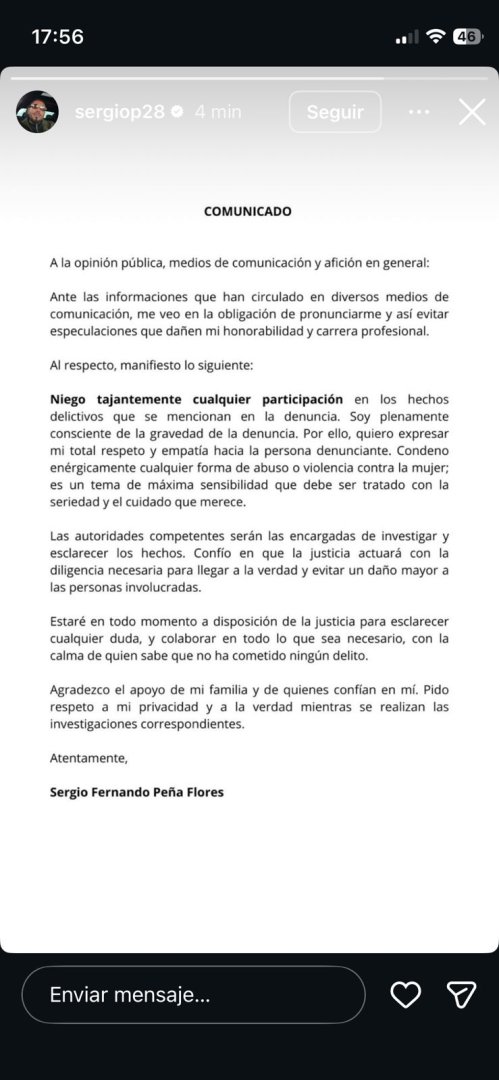 Pronunciamiento de Sergio Pe�a en Instagram.