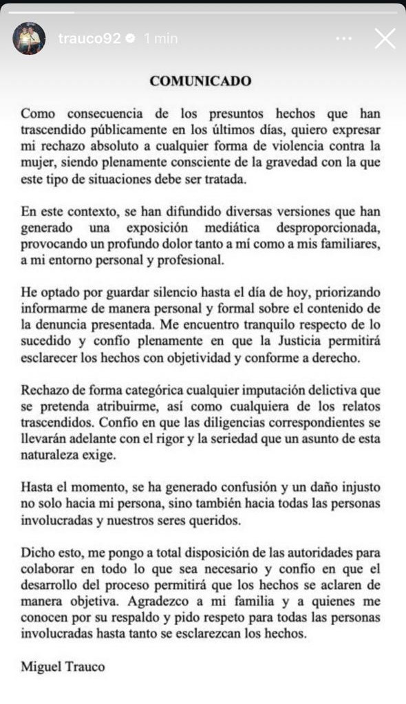 Comunicado de Miguel Trauco tras denuncia sexual