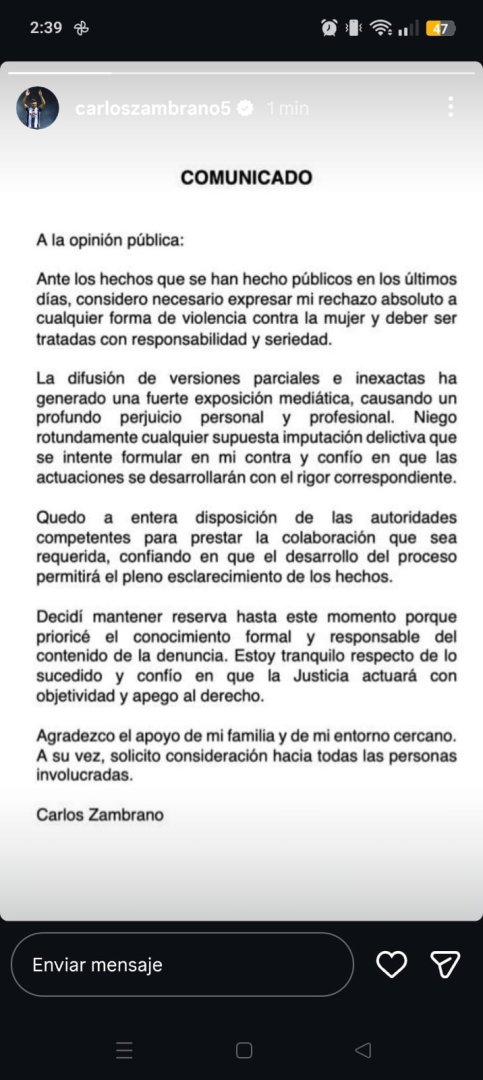 Descargos de Carlos Zambrano a trav�s de su cuenta de Instagram.