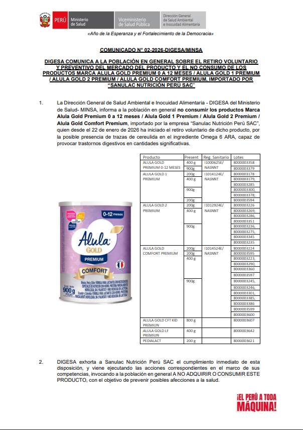 Comunicado del Minsa sobre leches infantiles