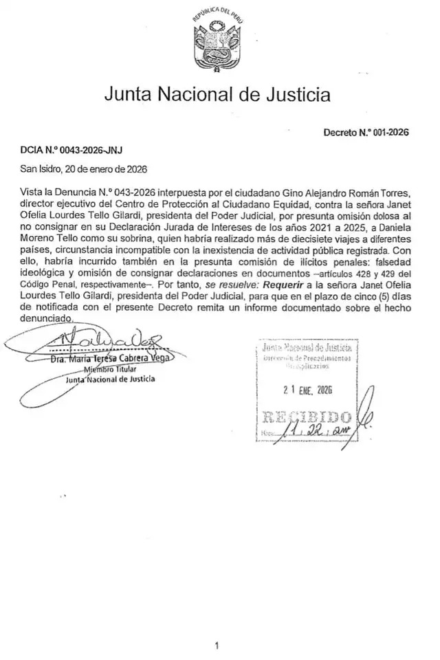 Carta de la JNJ para la presidenta del Poder Judicial, Janet Tello.