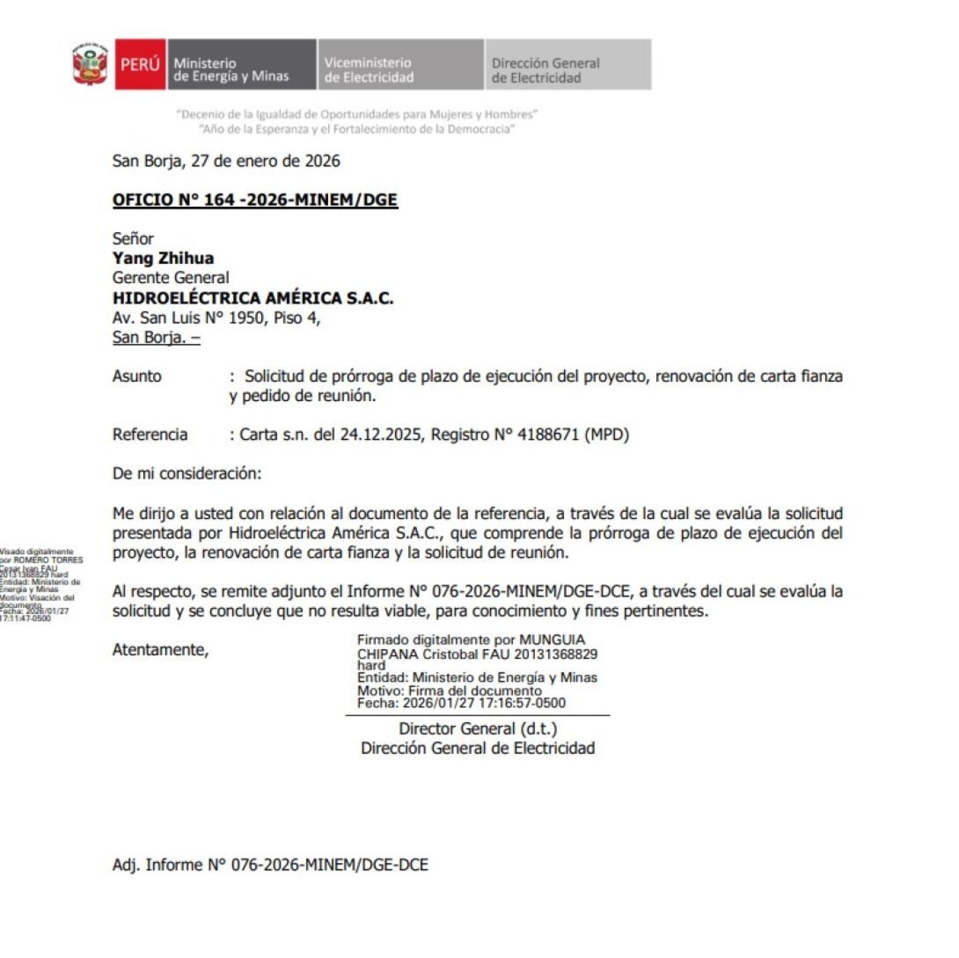 MINEM env�a oficio que declara "no viable" el pedido de pr�rroga para proyecto hidroel�ctrico de Yang.