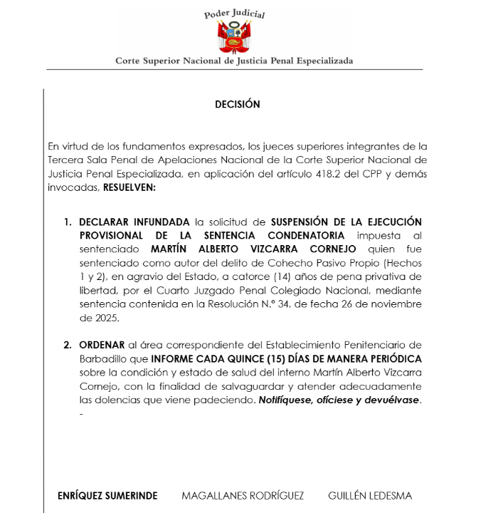 PJ declara declara infundada la solicitud de Mart�n Vizcarra para seguir su proceso en libertad.