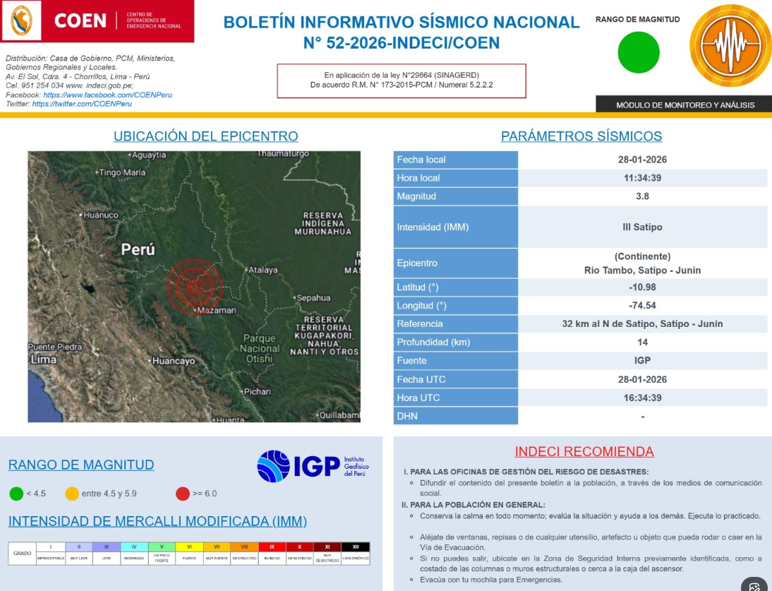 Epicentro del sismo de 3.8 que sacudi� Satipo, Jun�n.