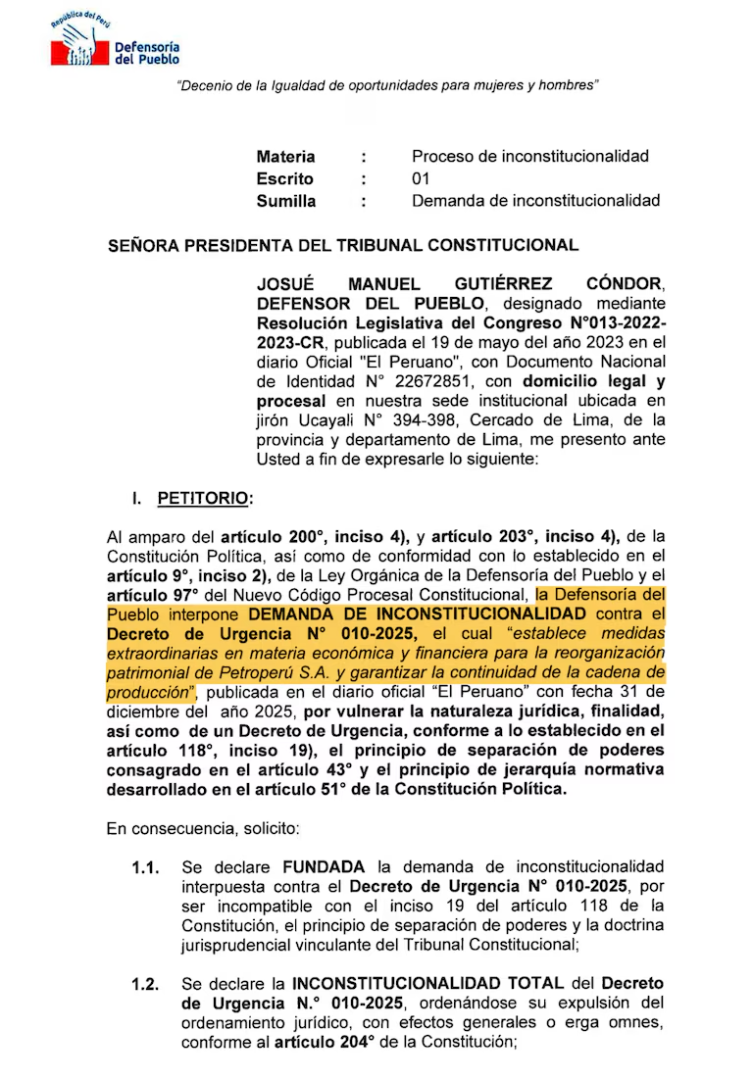 Defensoría presenta demanda de inconstitucionalidad contra decreto de urgencia que reorganiza Petroperú.
