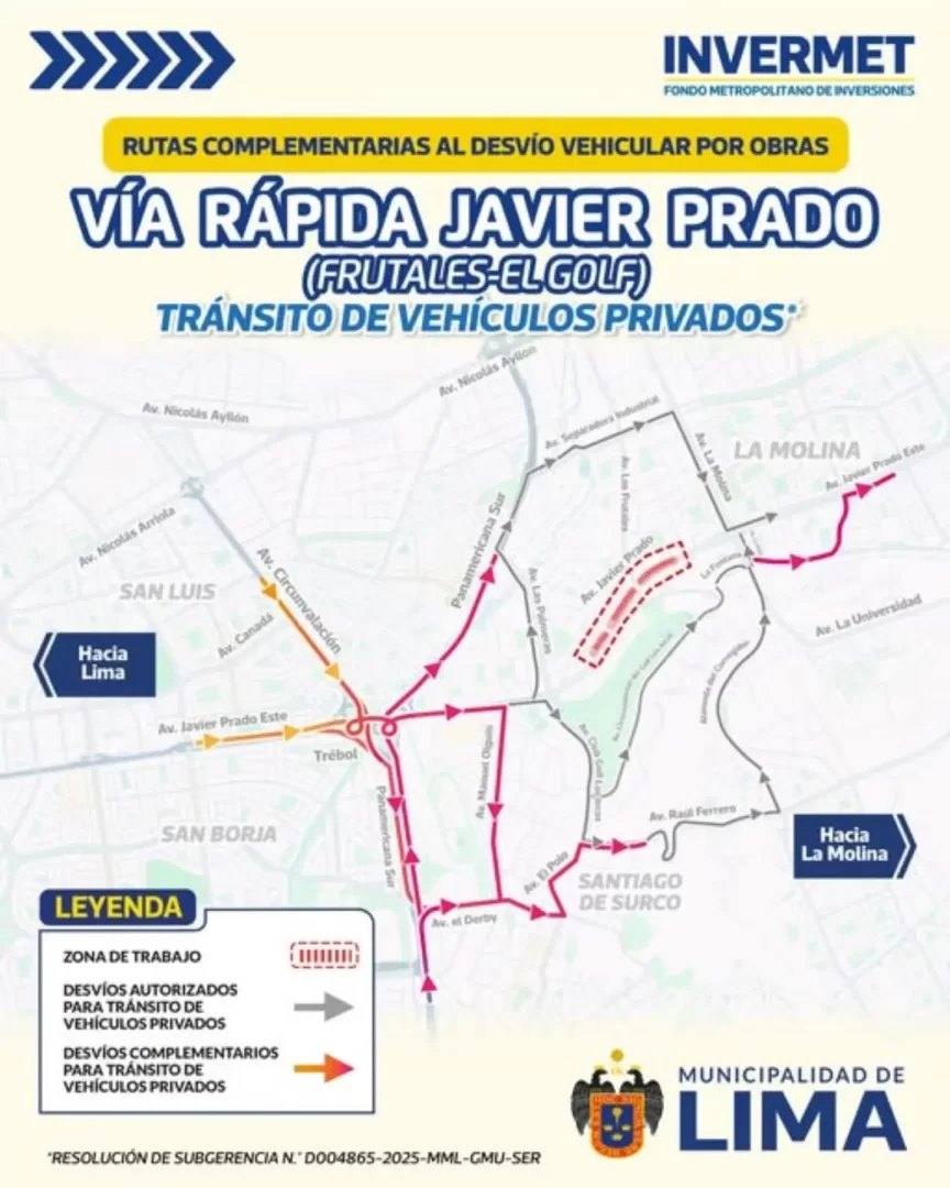 Invermet anuncia rutas complementarias al desv�o vehicular por obras de V�a R�pida Javier Prado.
