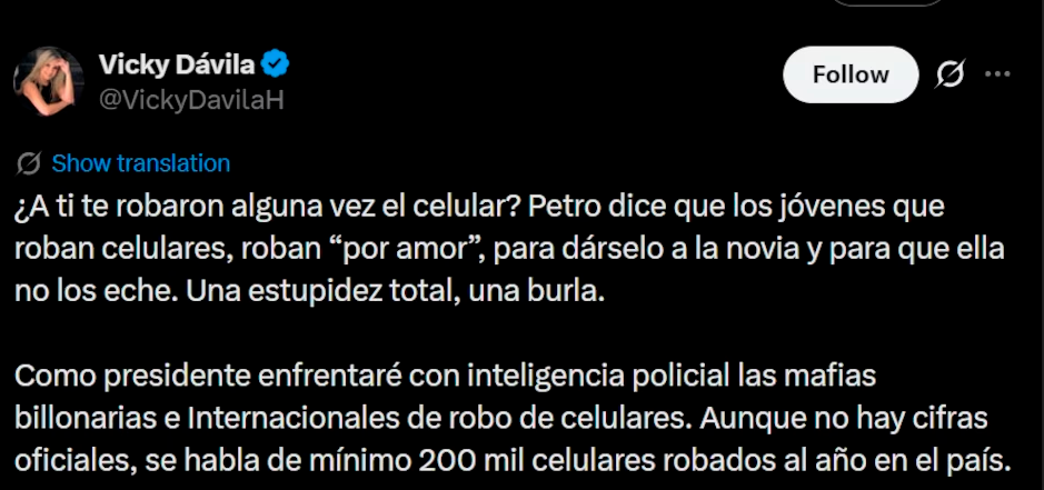 Candidata presidencial rechaza declaración de Petro.