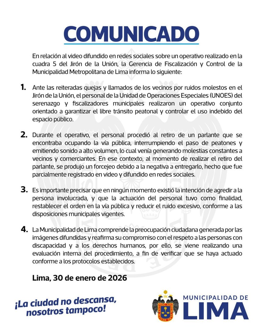Comunicado de la Municipalidad de Lima