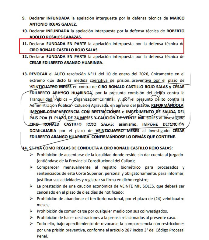 Resolución que anula la prisión preventiva de Ciro Castillo Rojo.