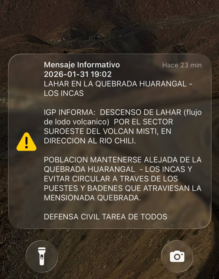 COEN e INDECI enviaron un mensaje de alerta por descenso de lahar volcánico del Misti.