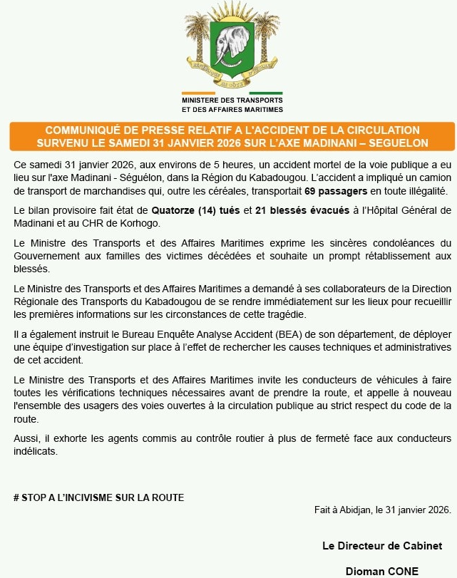 Ministerio de Transportes y Asuntos Mar�timos de Costa de Marfil reporta accidente que dej� 14 fallecidos.