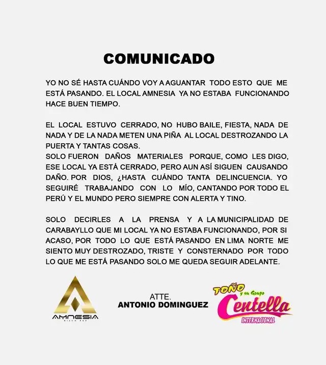 To�o Centella emiti� comunicado tras atentado en local de Carabayllo.