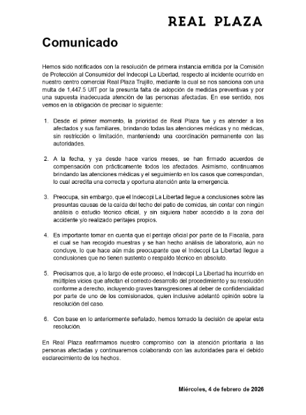 Comunicado de Real Plaza