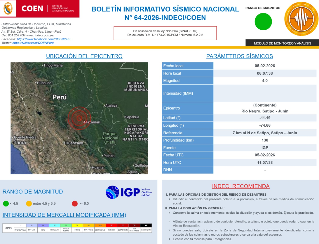 Epicentro del �ltimo sismo sentido este jueves, 5 de febrero, en Per�.