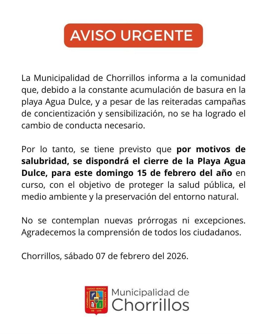 Chorrillos anuncia el cierre de la playa Agua Dulce.