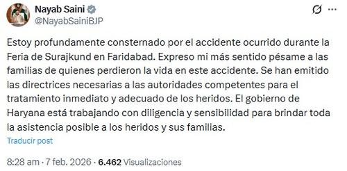 jefe de gobierno, Nayab Singh Saini, se pronuncia tras accidente