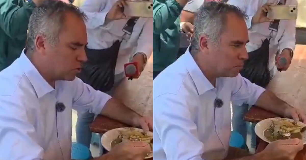 Rafael Belaunde, candidato a la presidencia, fingió disfrutar de un caldo, pero su rostro delató su incomodidad