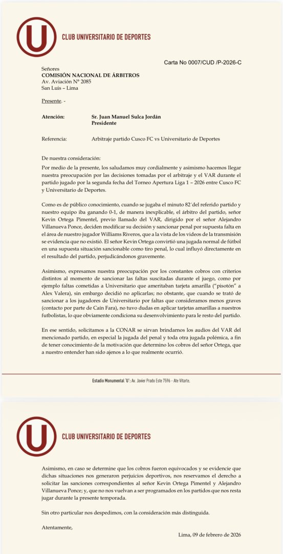 Carta de Universitario de Deportes.