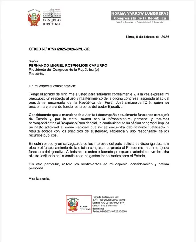 Documento oficial enviado por Yarrow