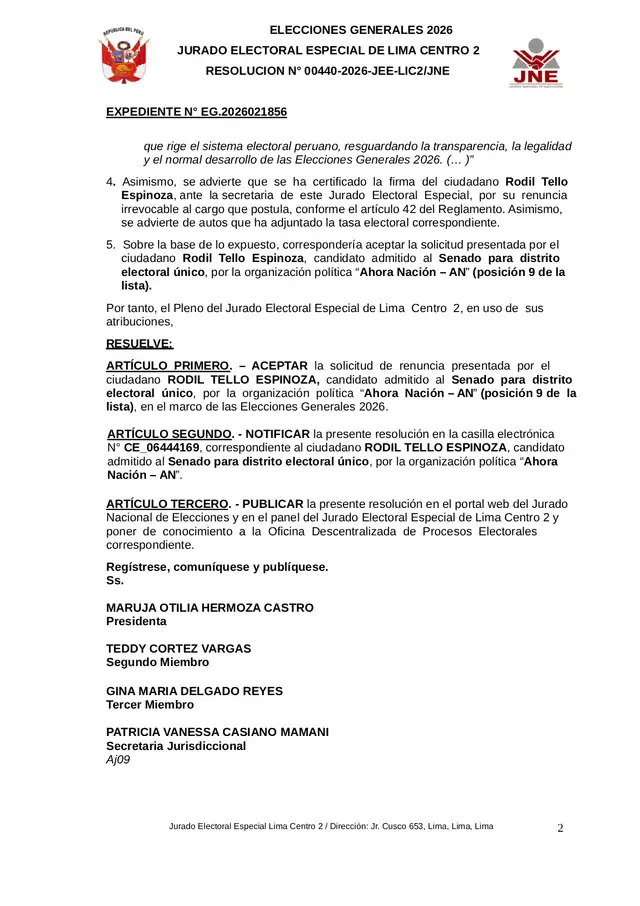 La renuncia fue aceptada por el JEE