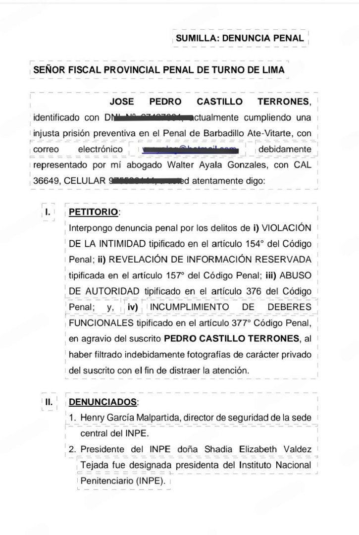 Denuncia penal de Pedro Castillo contra presidenta del INPE.