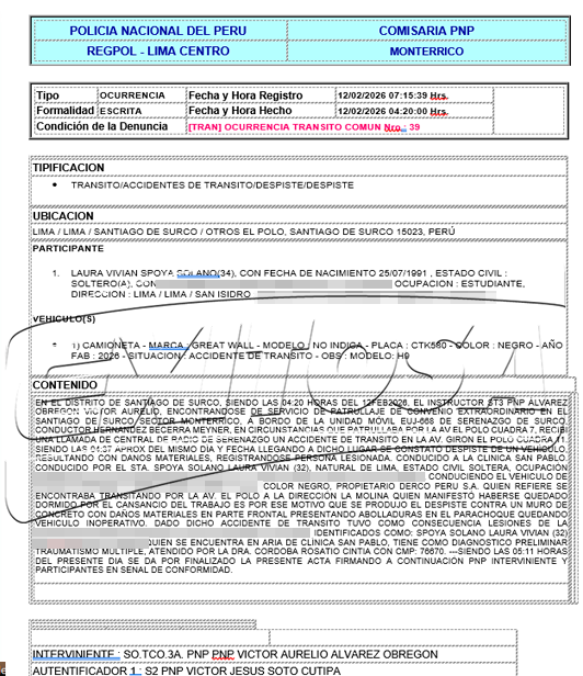 Parte policial sobre el accidente de Laura Spoya en Surco.