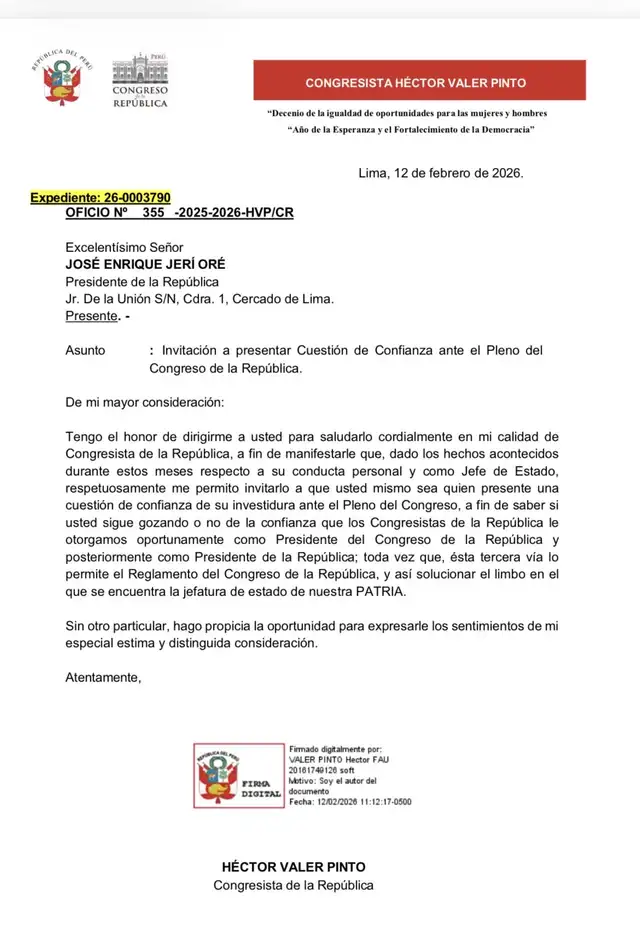 Oficio N.� 355 del Congreso pedir�a al Ejecutivo hacer una Cuesti�n de Confianza.