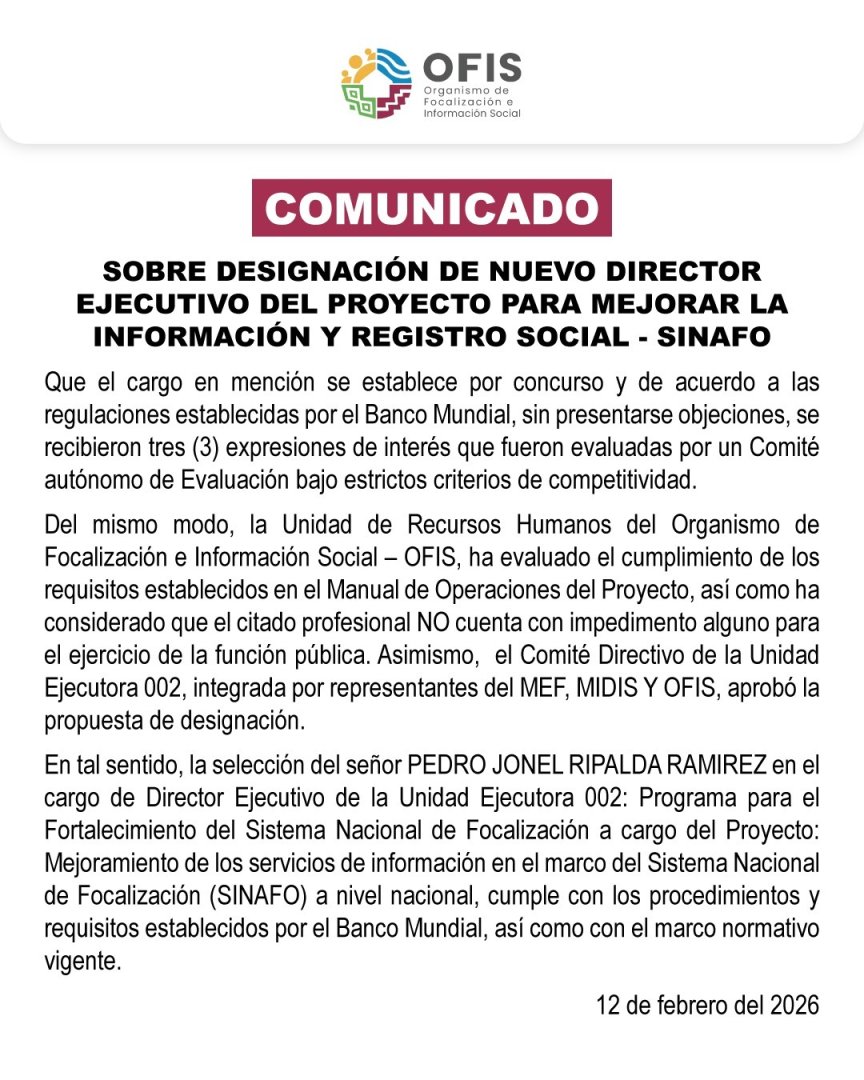 Comunicado respalda decisi�n del MIDIS.