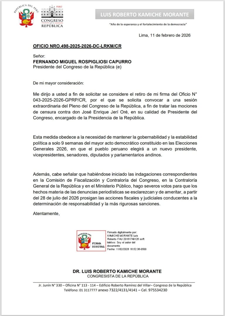 Roberto Kamiche retira su firma en la solicitud para Pleno Extraordinario.