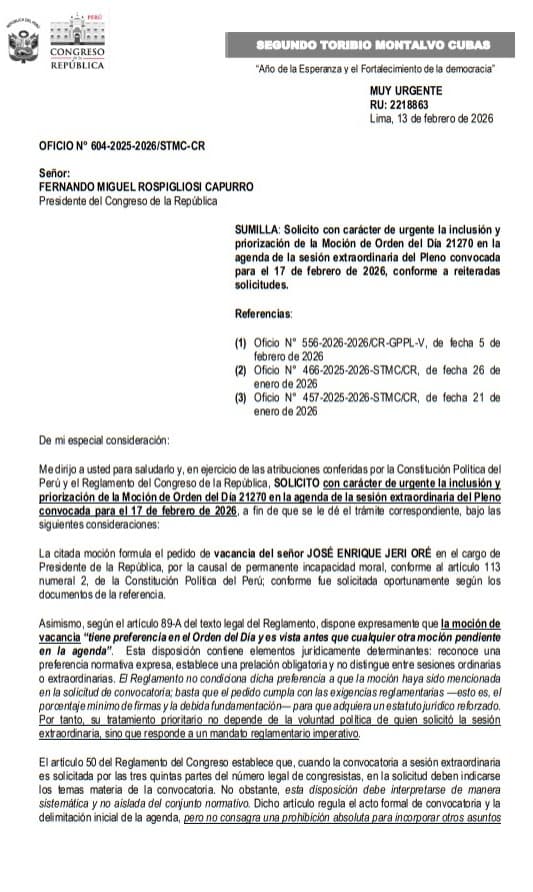 Segundo Montalvo solicita a Rospigliosi que se incluya y priorice su moci�n de vacancia contra Jer� este martes 17.