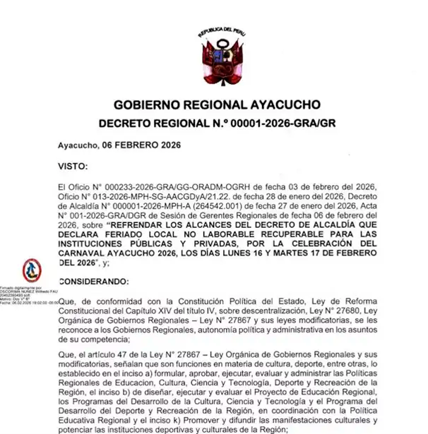 Decreto regional que establece el 16 y 17 de febrero feriados locales no laborables recuperables en Huamanga.