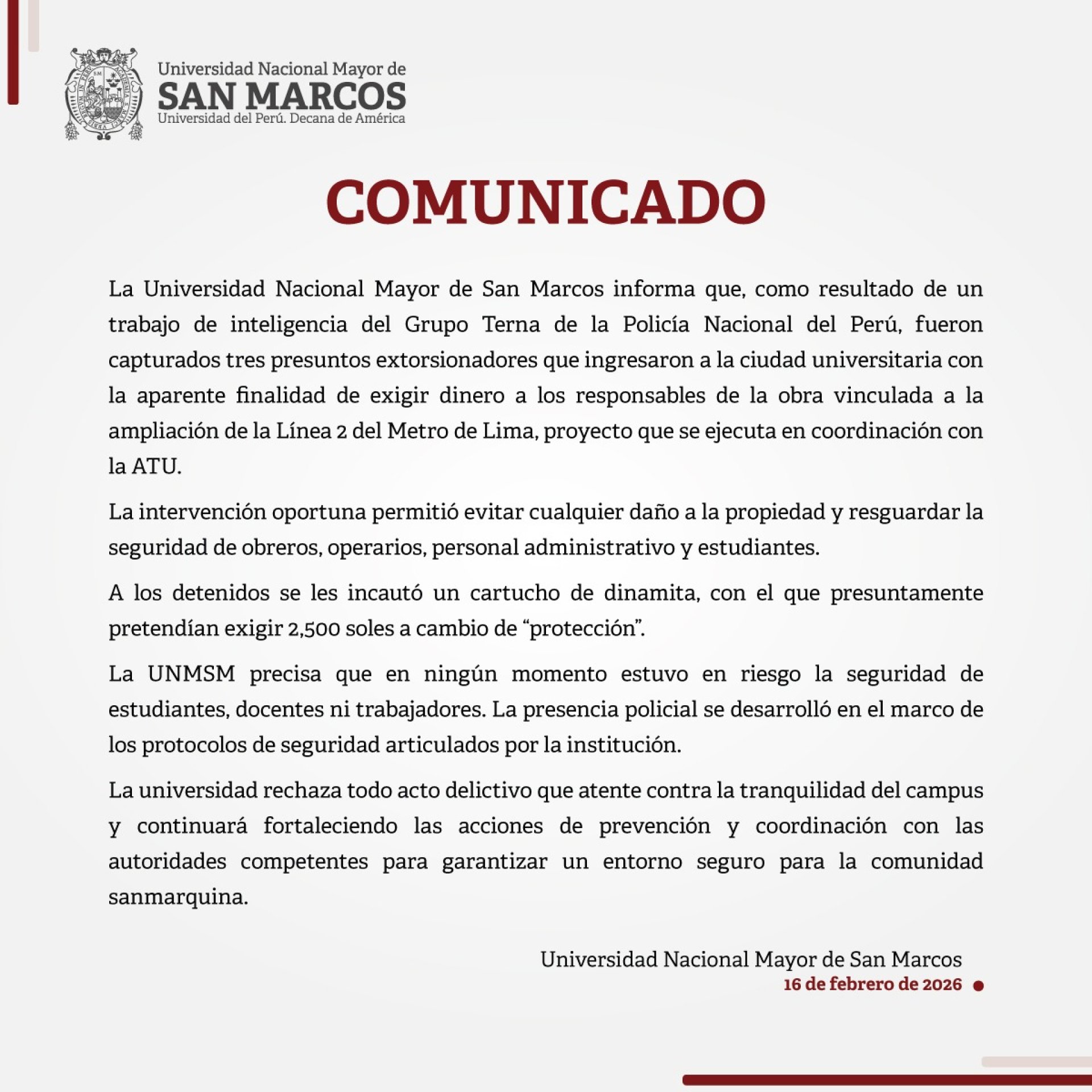 Comunicado emitido por la casa de estudios.