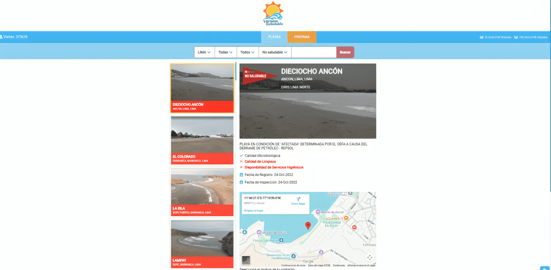 Portal web 'Verano Saludable' en el que se muestra la lista de piscinas "no saludables"