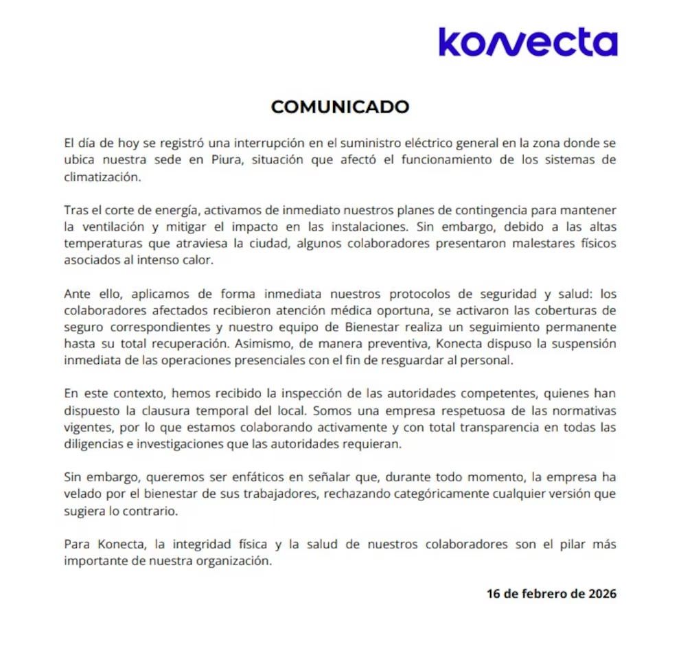 Comunicado emitido por Konecta Per�, la empresa involucrada.