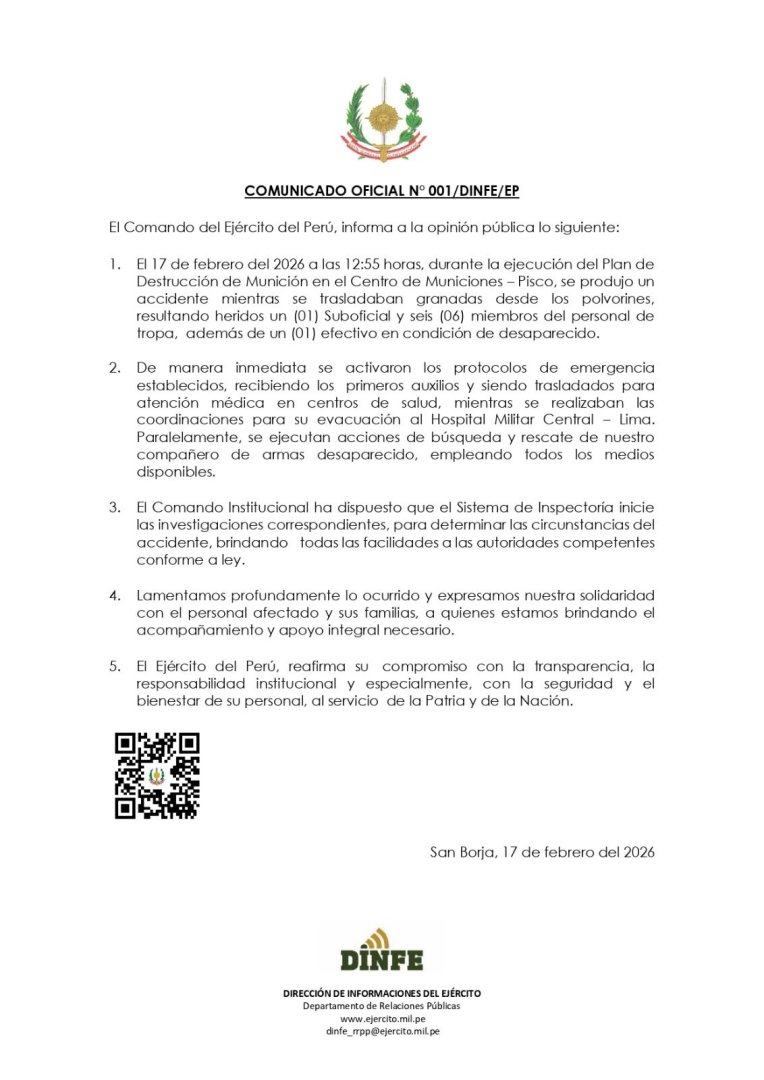 Comunicado Oficial N� 001 - 2026 del Ej�rcito del Per�