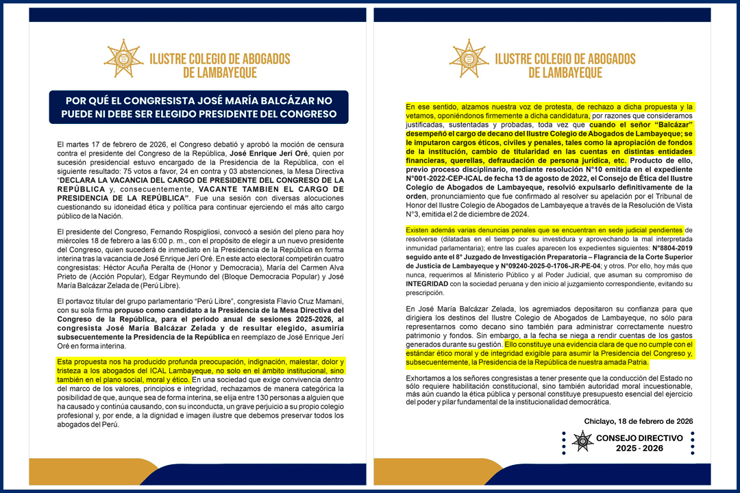 Pronunciamiento oficial del ICAL en rechazo a la postulaci�n de Jos� Mar�a Balc�zar.