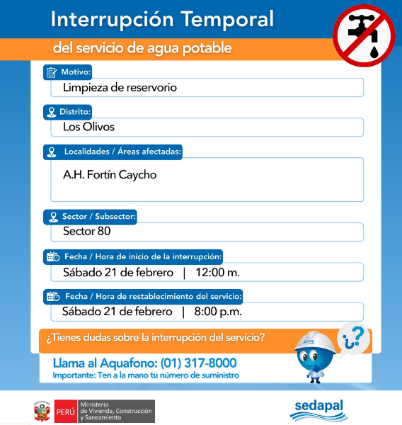 Corte de agua el 21 de febrero.