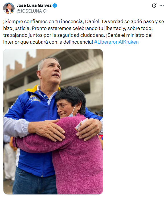 Tuit de José Luna Gálvez tras fallo a favor de Daniel Urresti.