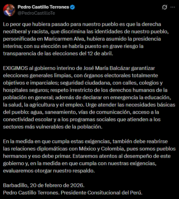 Castillo evaluar� respaldo a Balc�zar "en la medida en que cumpla" su exigencias.