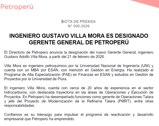 Designan nuevo gerente general de Petroper�.