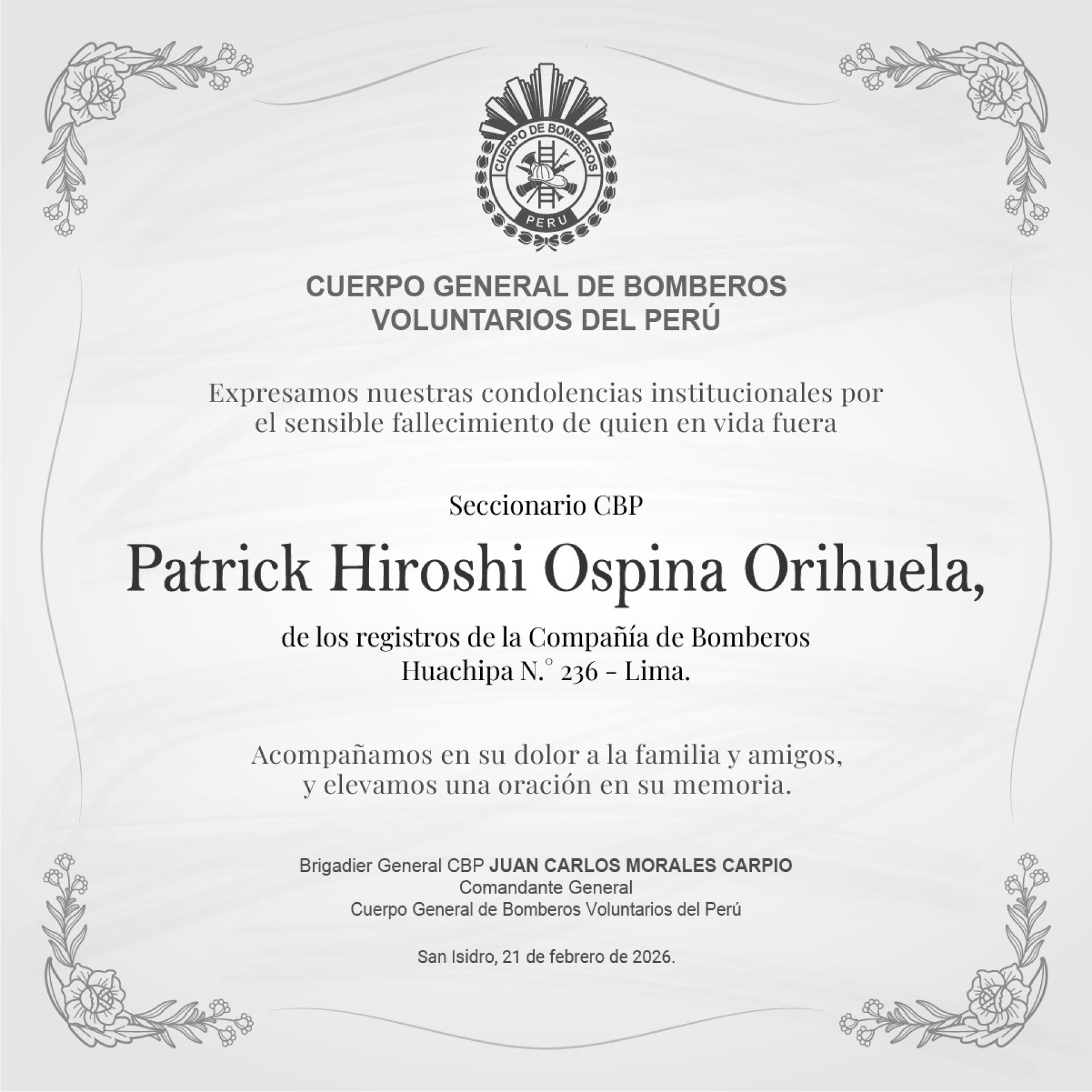 Cuerpo General de Bomberos expresa sus condolencias