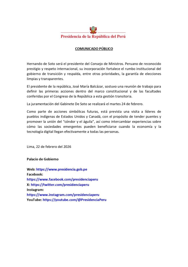 Comunicado confirma la entrada de De Soto a la PCM.