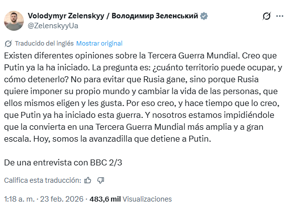 Presidente ucraniano acusa a Rusia de iniciar la III Guerra Mundial.