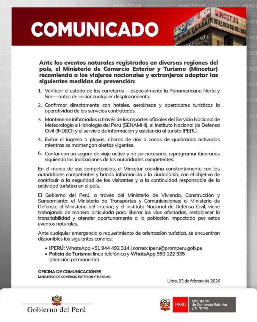 Mincetur da recomendaciones a viajeros ante precipitaciones