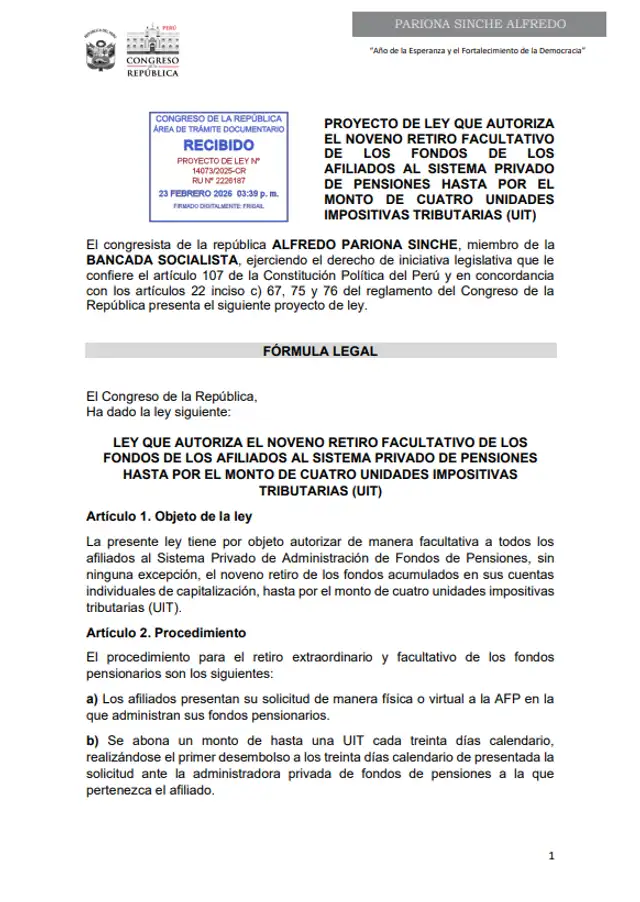 Proyecto para noveno retiro de las AFP - Congresista Pariona.