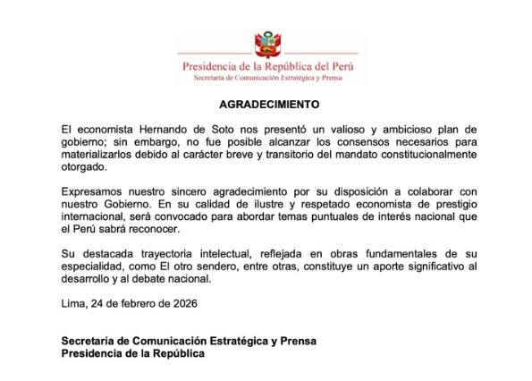 Comunicado oficial agradece a De Soto por las asesor�as que se pudieron dar