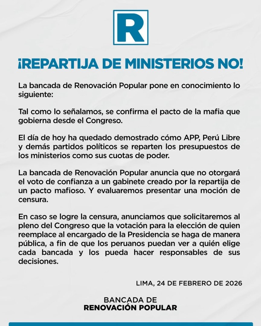 Renovaci�n Popular no dar� voto de confianza al gabinete de Denisse Miralles.