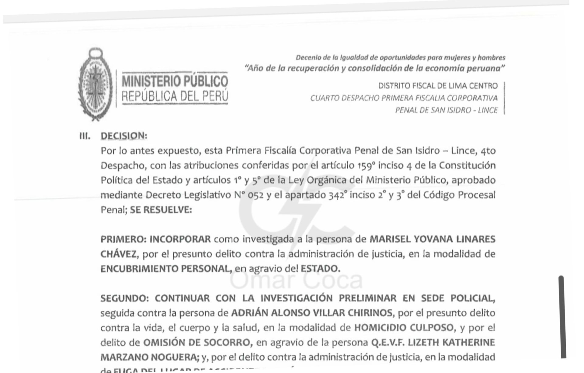 Fiscal�a de San Isidro incorpora como investigada a Marisel Linares por presunto delito de encubrimiento a favor de Adri�n Villar.